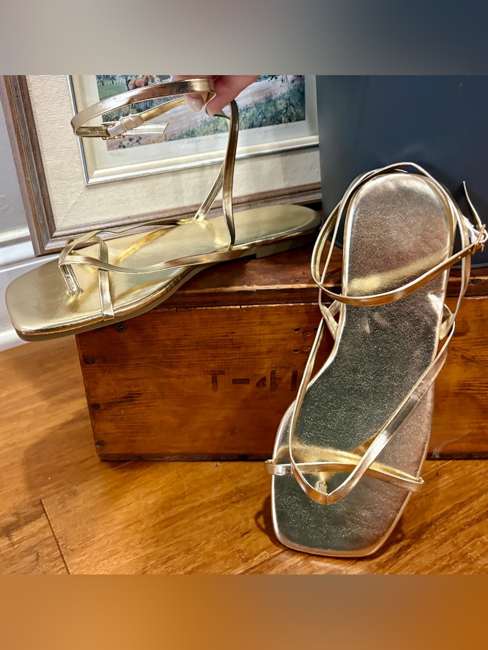 Shein New! Sandals Metallic Gold Strappy Ankle Wrap Strap Summer Gladiator 7.5 - Picture 4 of 6